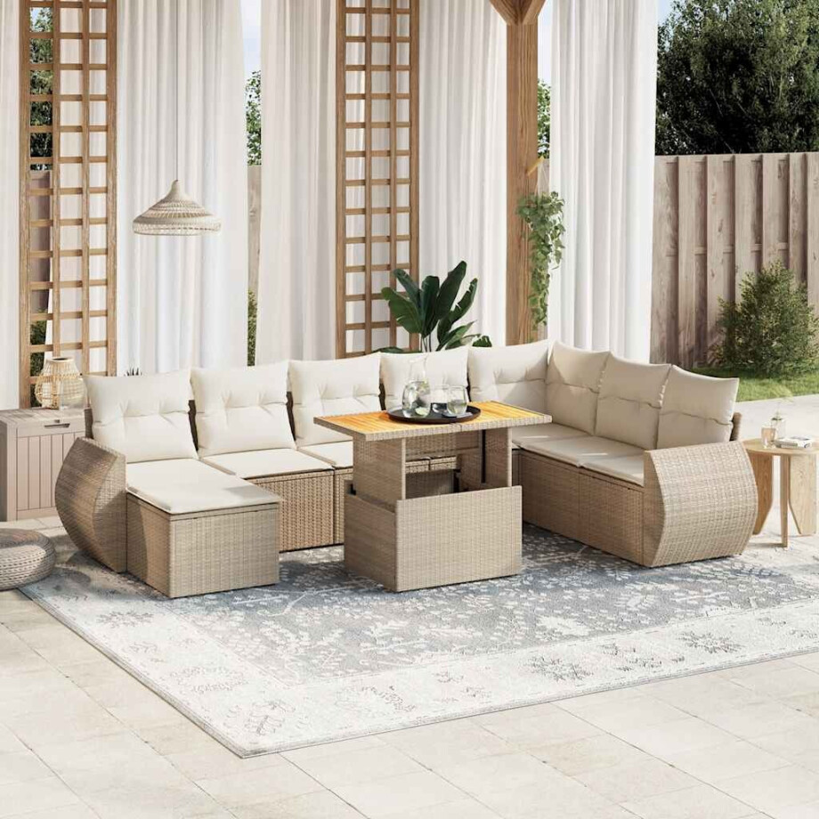 vidaXL 9-delige Loungeset met kussens poly rattan beige afbeelding 1