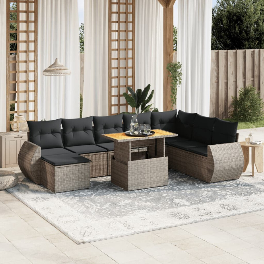 vidaXL 9-delige Loungeset met kussens poly rattan grijs afbeelding 1