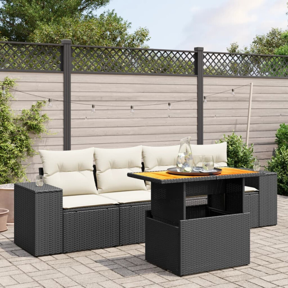 vidaXL 5-delige Loungeset met kussens poly rattan zwart vidaXL 5-delige Loungeset met kussens poly rattan zwart afbeelding 1