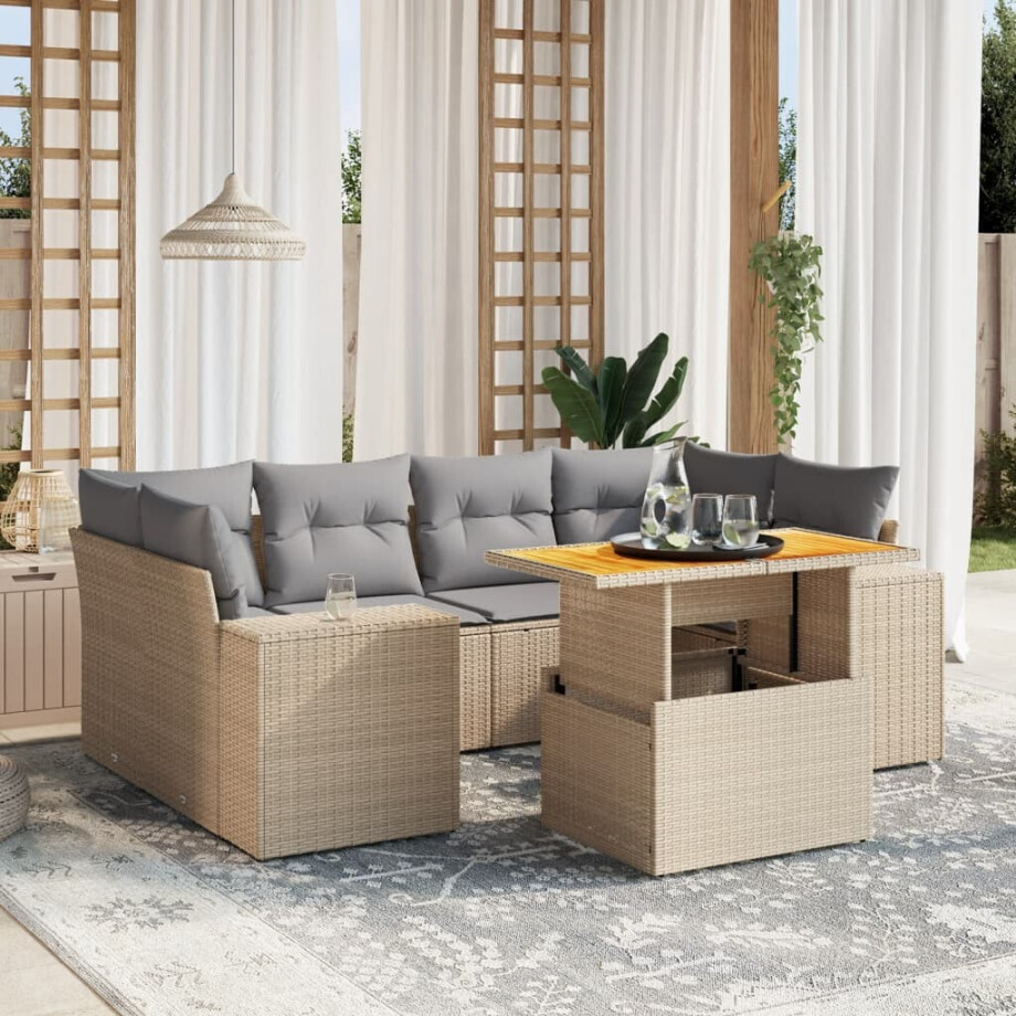 vidaXL 7-delige Loungeset met kussens poly rattan beige afbeelding 1