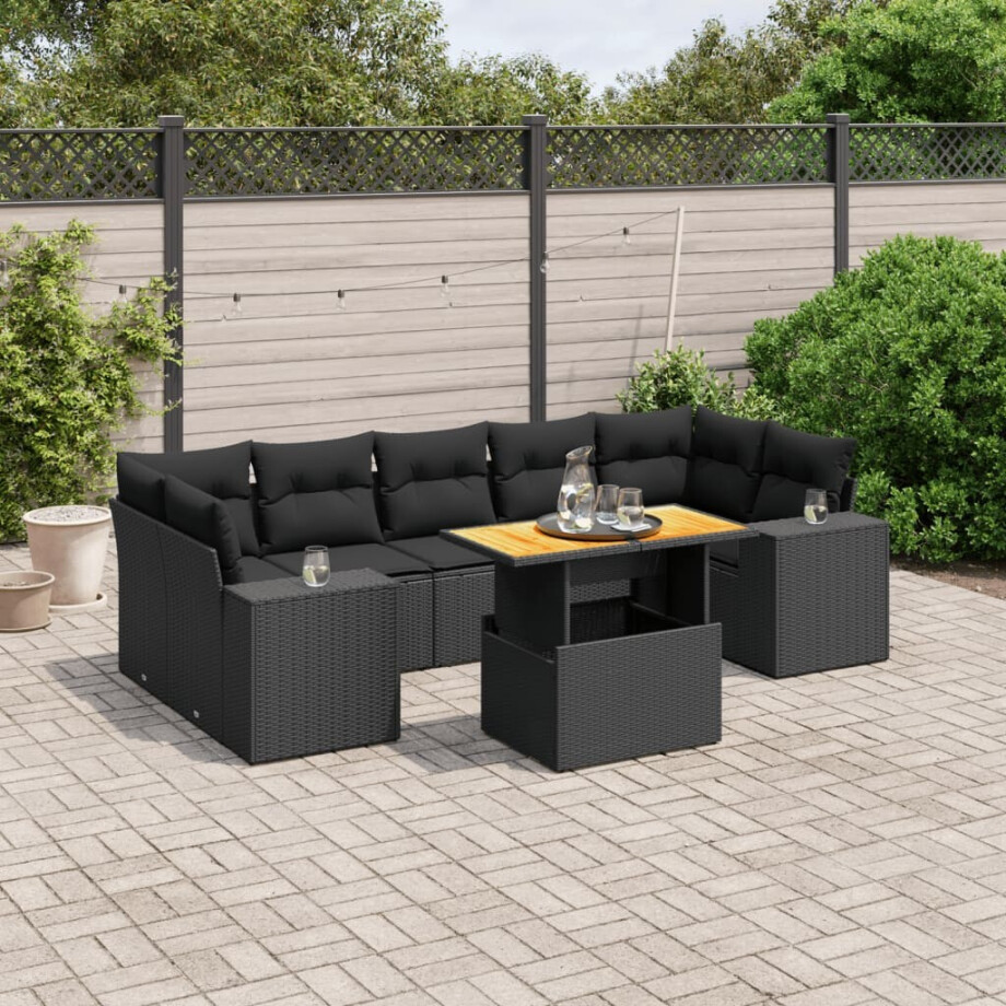 vidaXL 8-delige Loungeset met kussens poly rattan zwart afbeelding 1