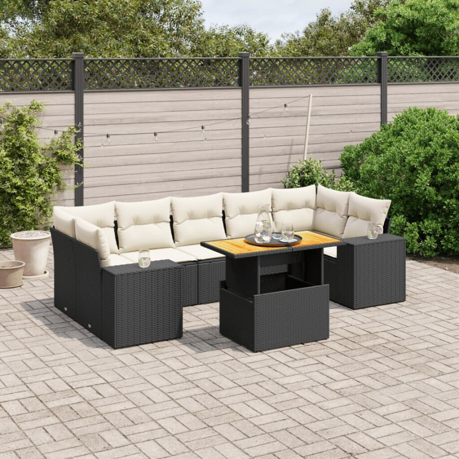 vidaXL 8-delige Loungeset met kussens poly rattan zwart afbeelding 1