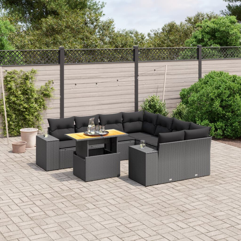 vidaXL 9-delige Loungeset met kussens poly rattan zwart afbeelding 1