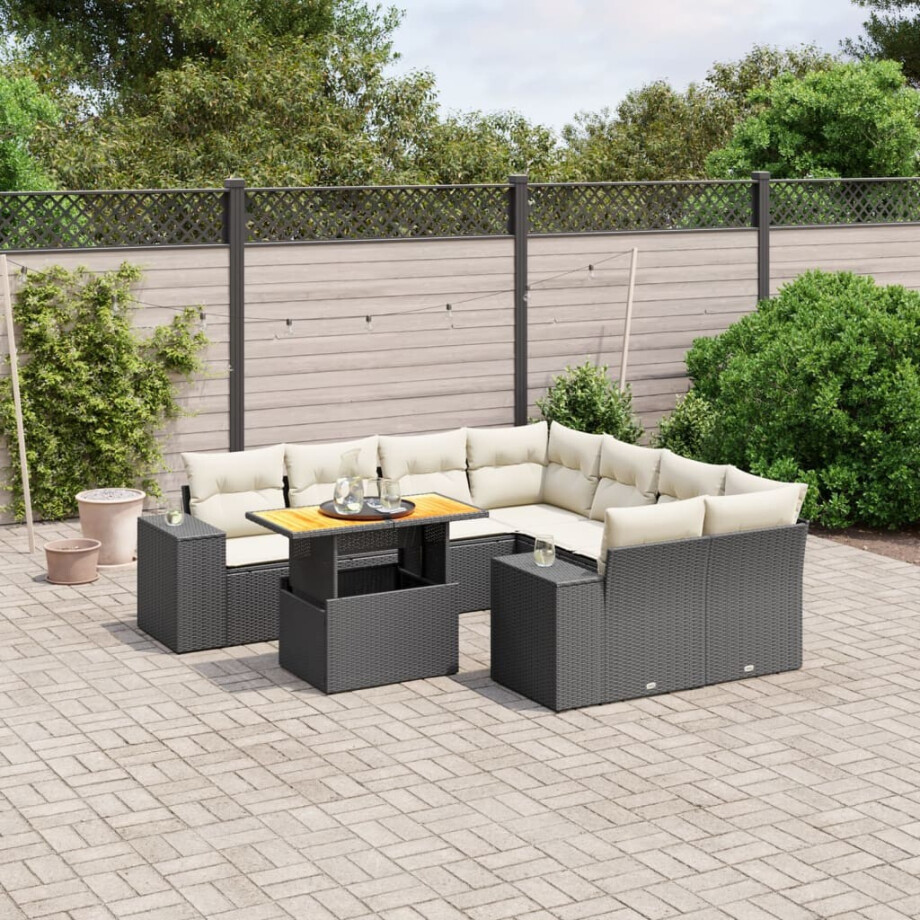 vidaXL 9-delige Loungeset met kussens poly rattan zwart afbeelding 1