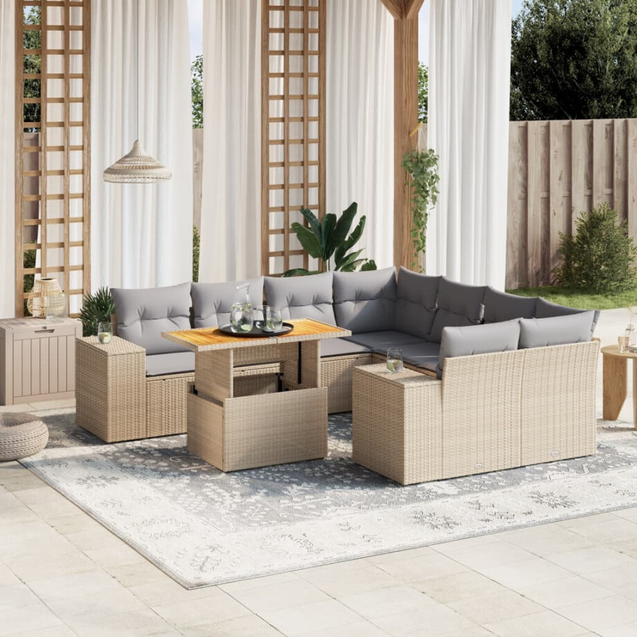 vidaXL 9-delige Loungeset met kussens poly rattan beige afbeelding 1