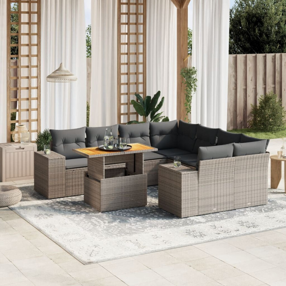 vidaXL 9-delige Loungeset met kussens poly rattan grijs afbeelding 1
