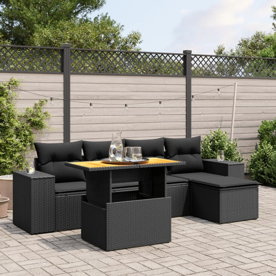 vidaXL 6-delige Loungeset met kussens poly rattan zwart afbeelding 1