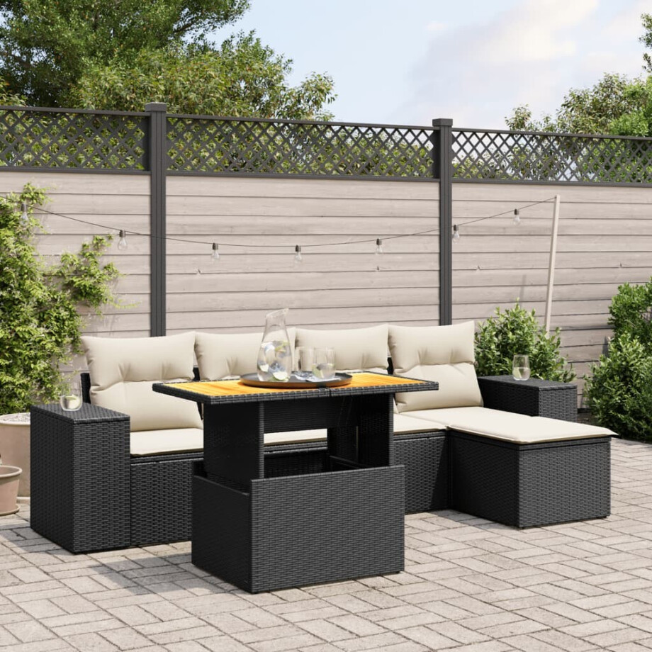 vidaXL 6-delige Loungeset met kussens poly rattan zwart afbeelding 1