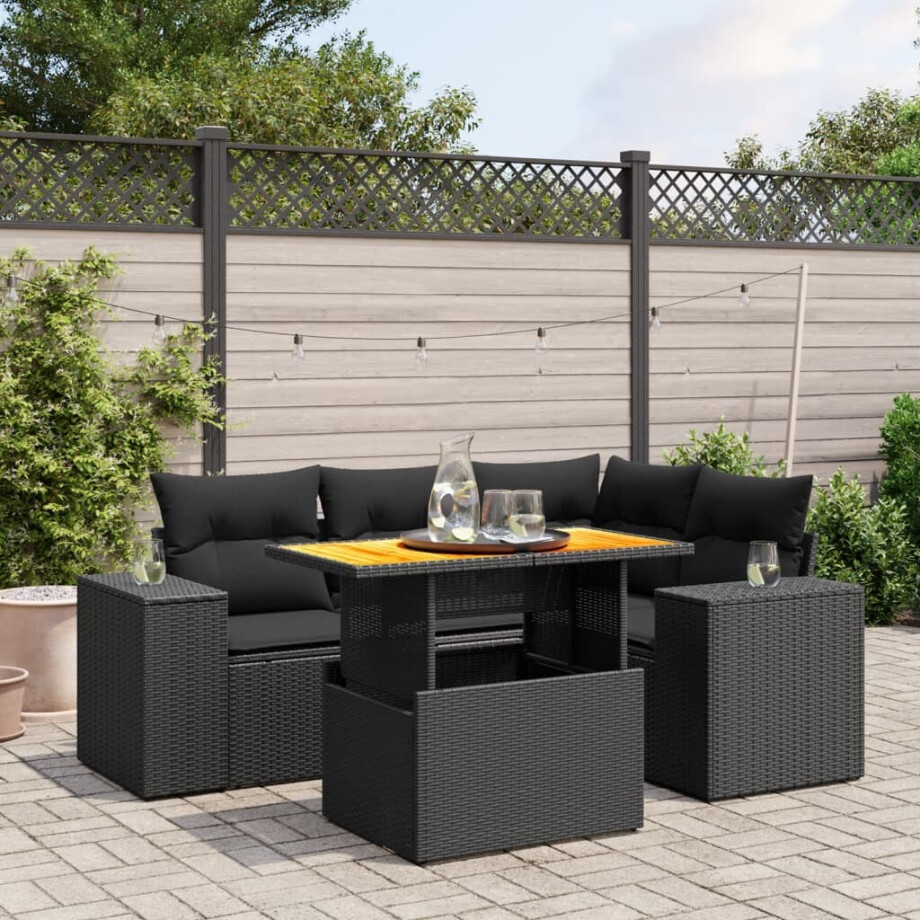 vidaXL 5-delige Loungeset met kussens poly rattan zwart afbeelding 1