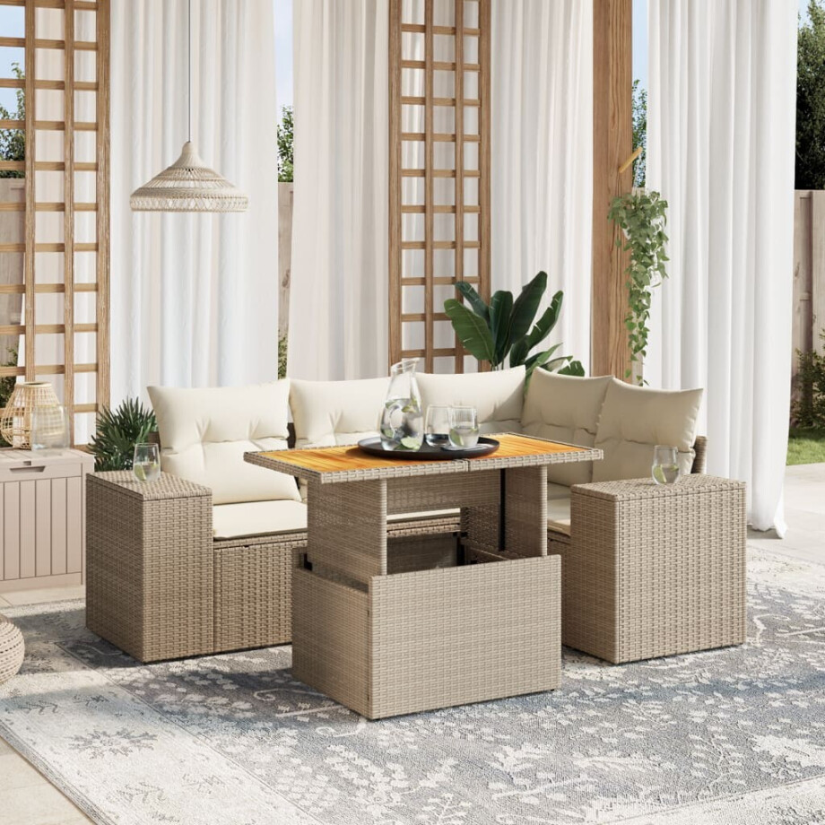 vidaXL 5-delige Loungeset met kussens poly rattan beige afbeelding 1