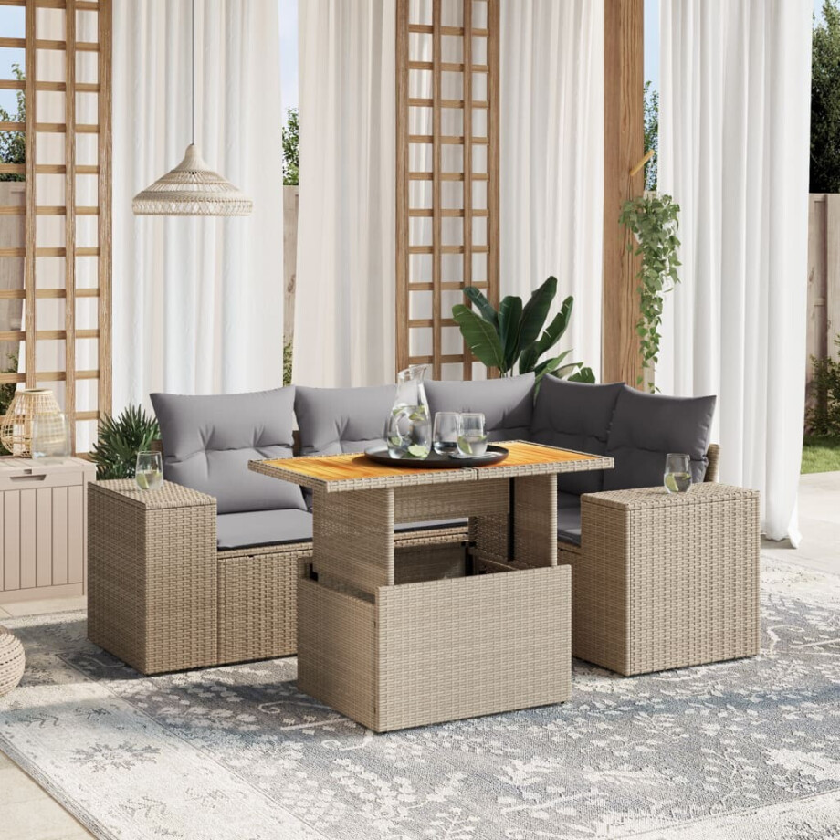 vidaXL 5-delige Loungeset met kussens poly rattan beige afbeelding 1