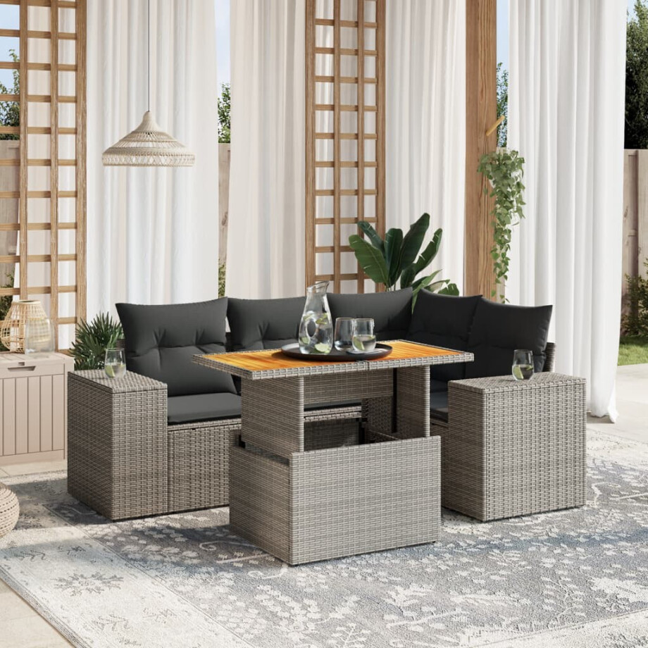 vidaXL 5-delige Loungeset met kussens poly rattan grijs afbeelding 1