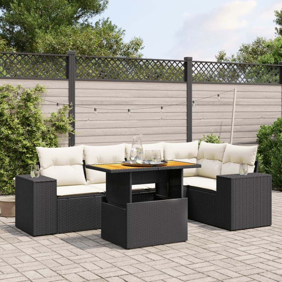 vidaXL 6-delige Loungeset met kussens poly rattan zwart afbeelding 1