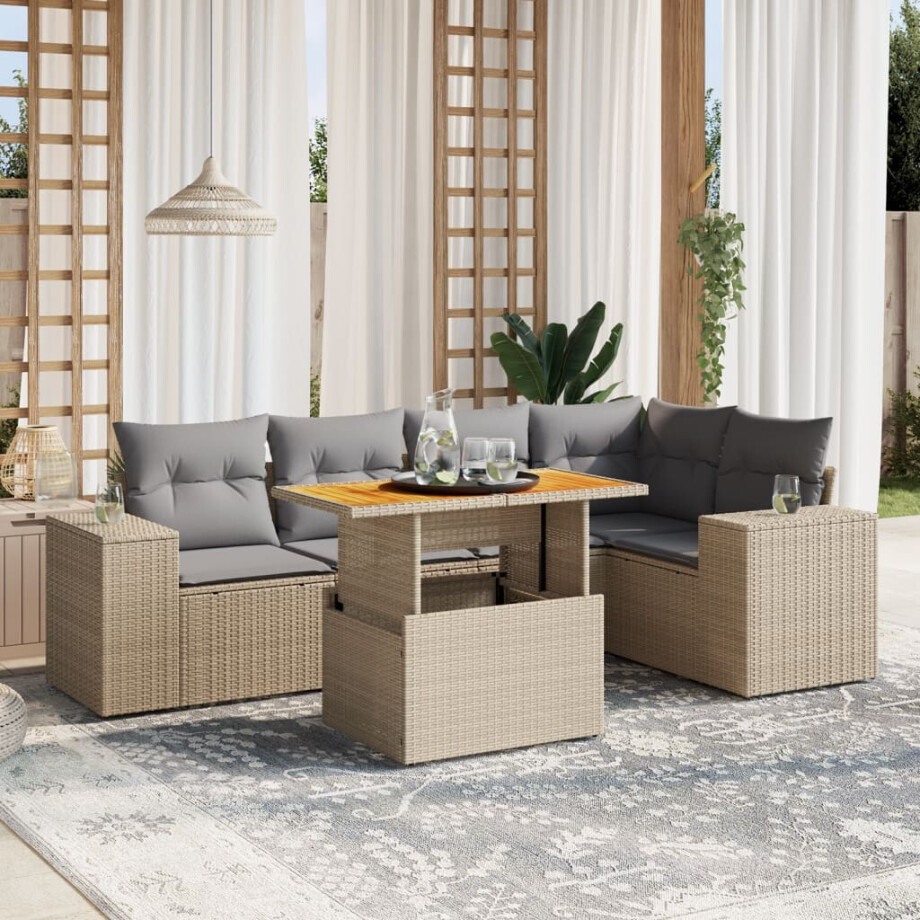 vidaXL 6-delige Loungeset met kussens poly rattan beige afbeelding 1