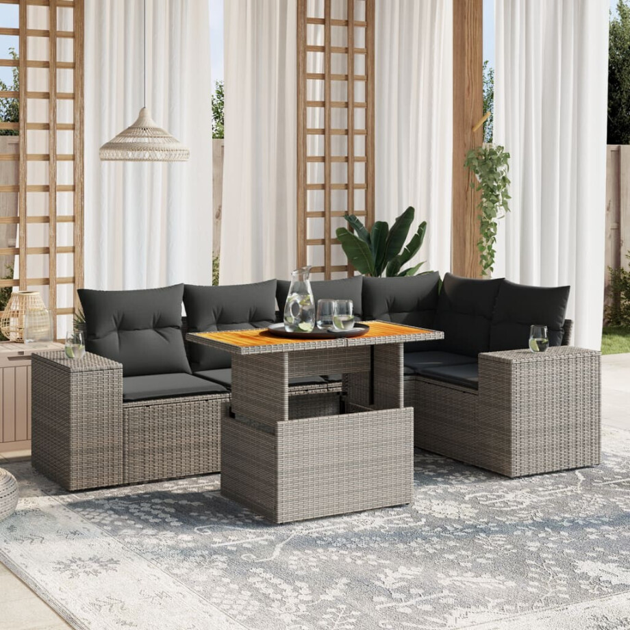 vidaXL 6-delige Loungeset met kussens poly rattan grijs afbeelding 1