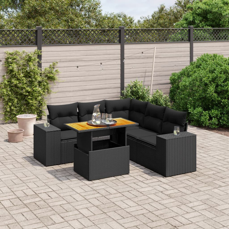 vidaXL 6-delige Loungeset met kussens poly rattan zwart afbeelding 1