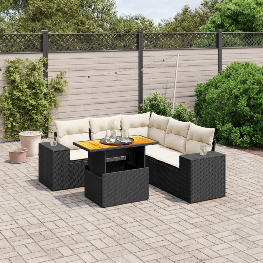 vidaXL 6-delige Loungeset met kussens poly rattan zwart afbeelding 1
