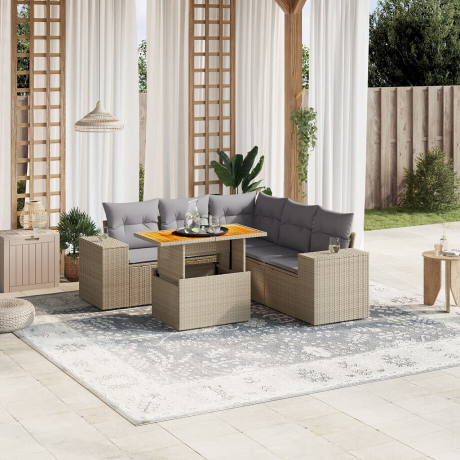 vidaXL 6-delige Loungeset met kussens poly rattan beige afbeelding 1