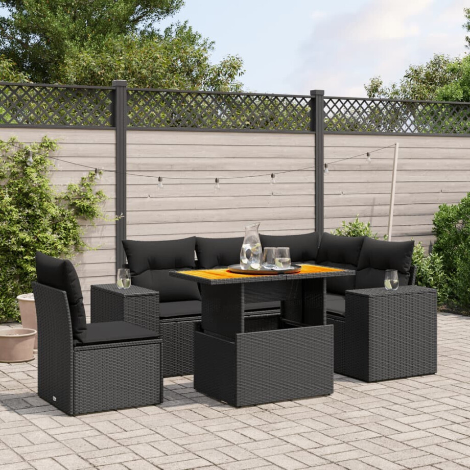 vidaXL 6-delige Loungeset met kussens poly rattan zwart afbeelding 1