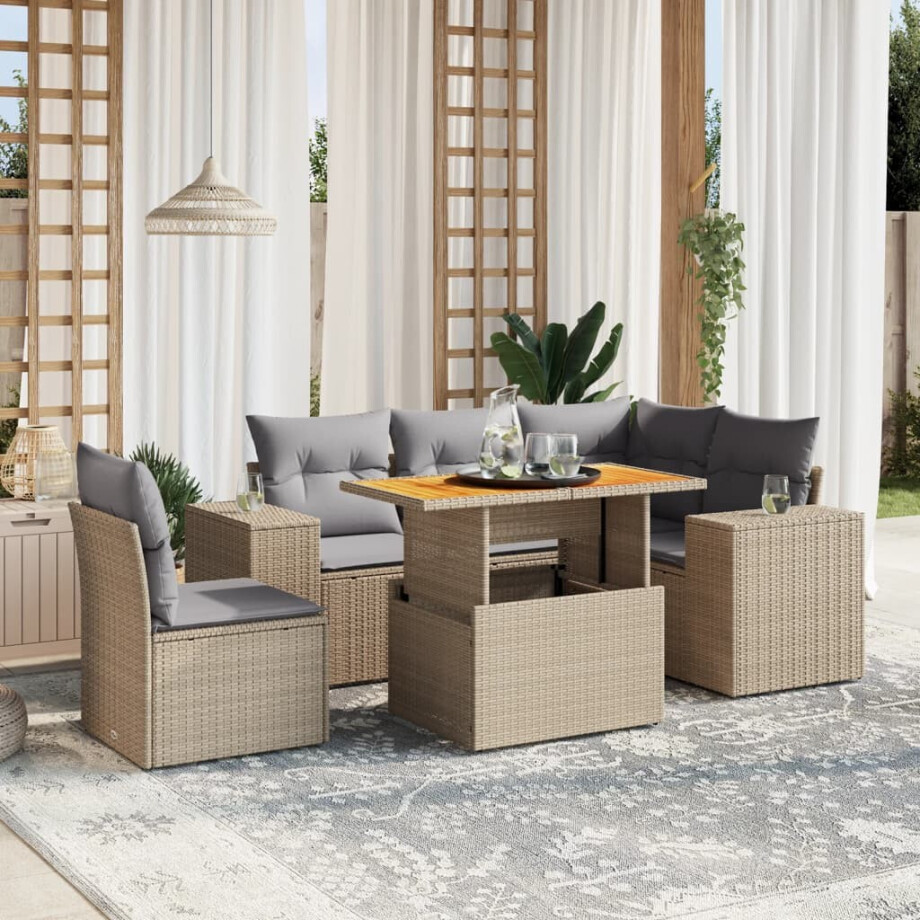 vidaXL 6-delige Loungeset met kussens poly rattan beige vidaXL 6-delige Loungeset met kussens poly rattan beige afbeelding 1