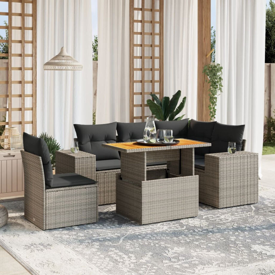 vidaXL 6-delige Loungeset met kussens poly rattan grijs afbeelding 1