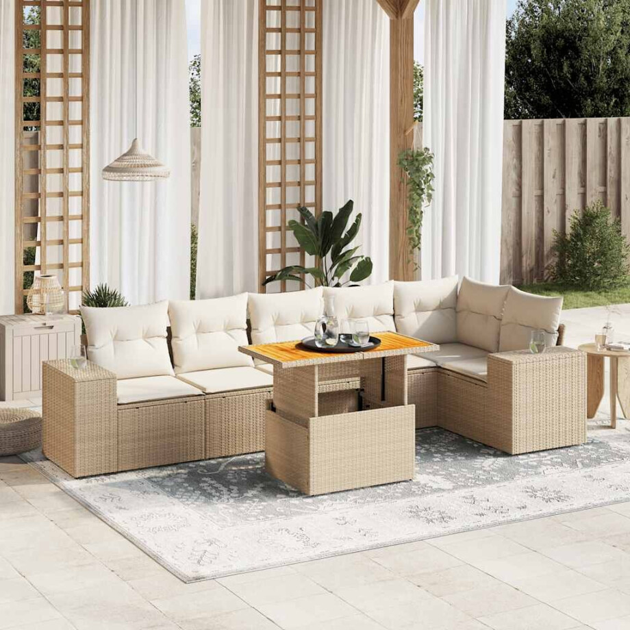 vidaXL 7-delige Loungeset met kussens poly rattan beige afbeelding 1