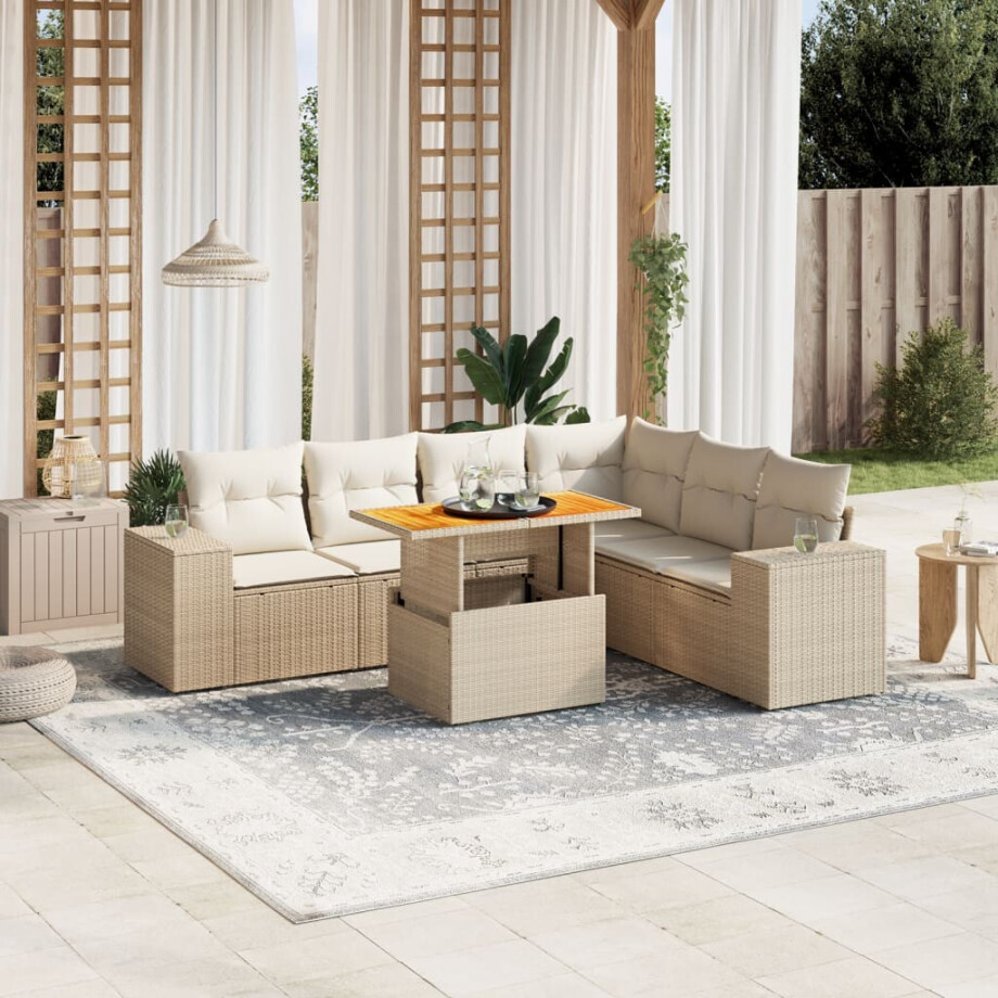 vidaXL 7-delige Loungeset met kussens poly rattan beige afbeelding 1
