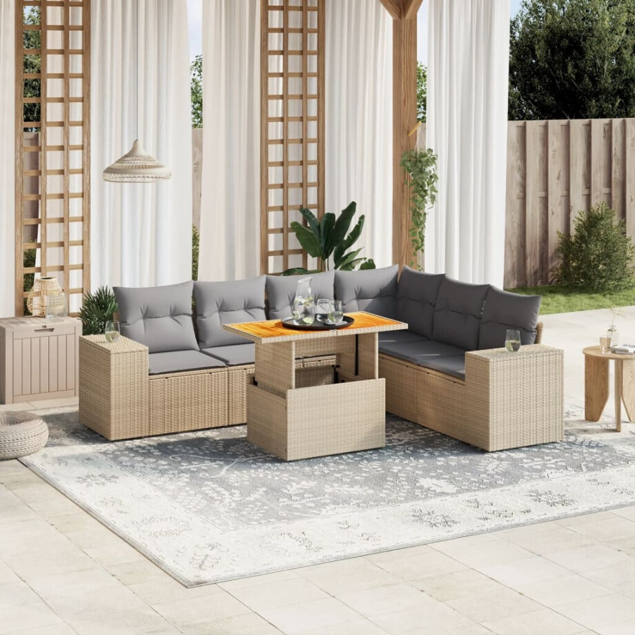 vidaXL 7-delige Loungeset met kussens poly rattan beige vidaXL 7-delige Loungeset met kussens poly rattan beige afbeelding 1