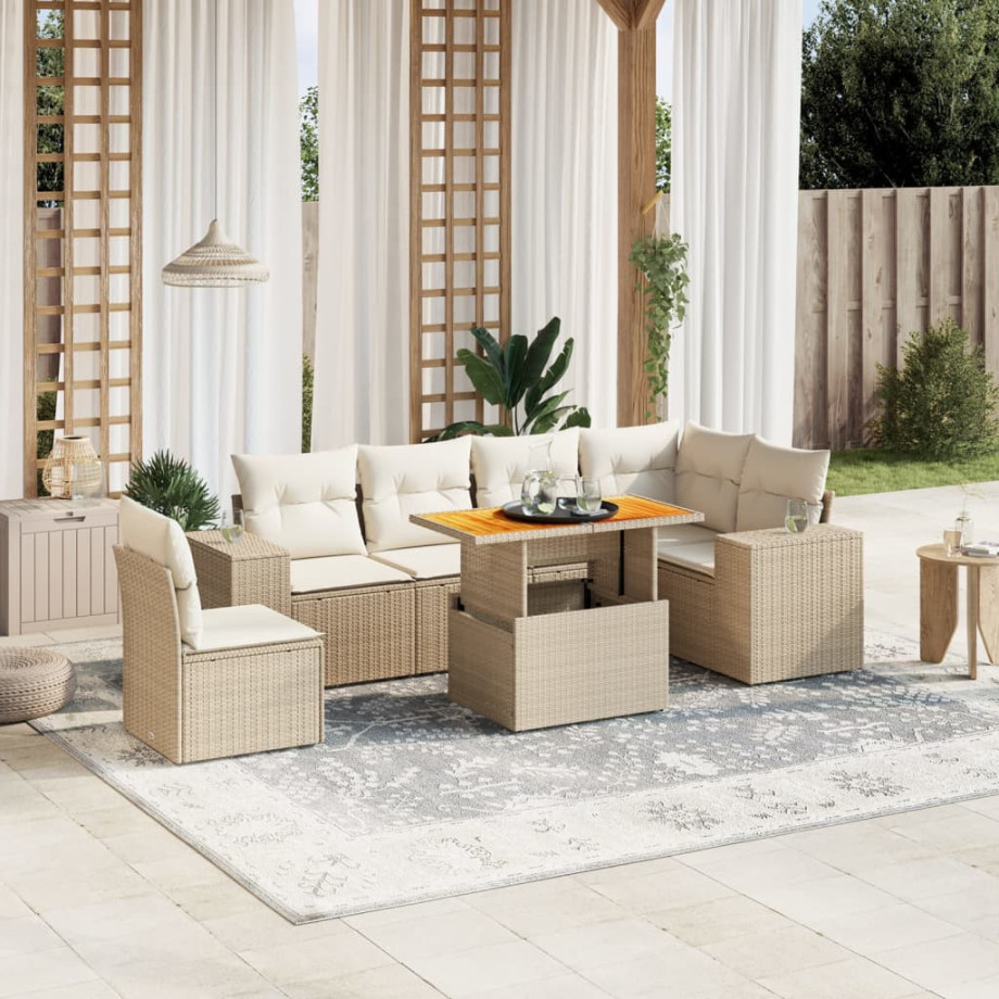 vidaXL 7-delige Loungeset met kussens poly rattan beige afbeelding 1