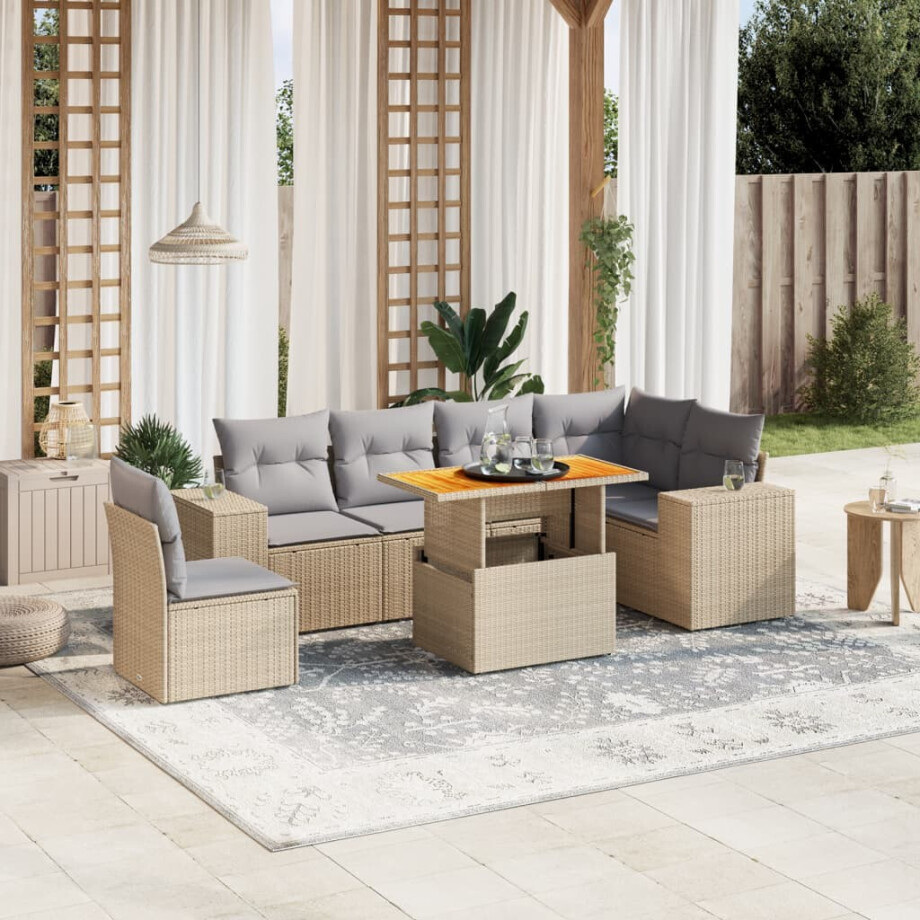 vidaXL 7-delige Loungeset met kussens poly rattan beige vidaXL 7-delige Loungeset met kussens poly rattan beige afbeelding 1