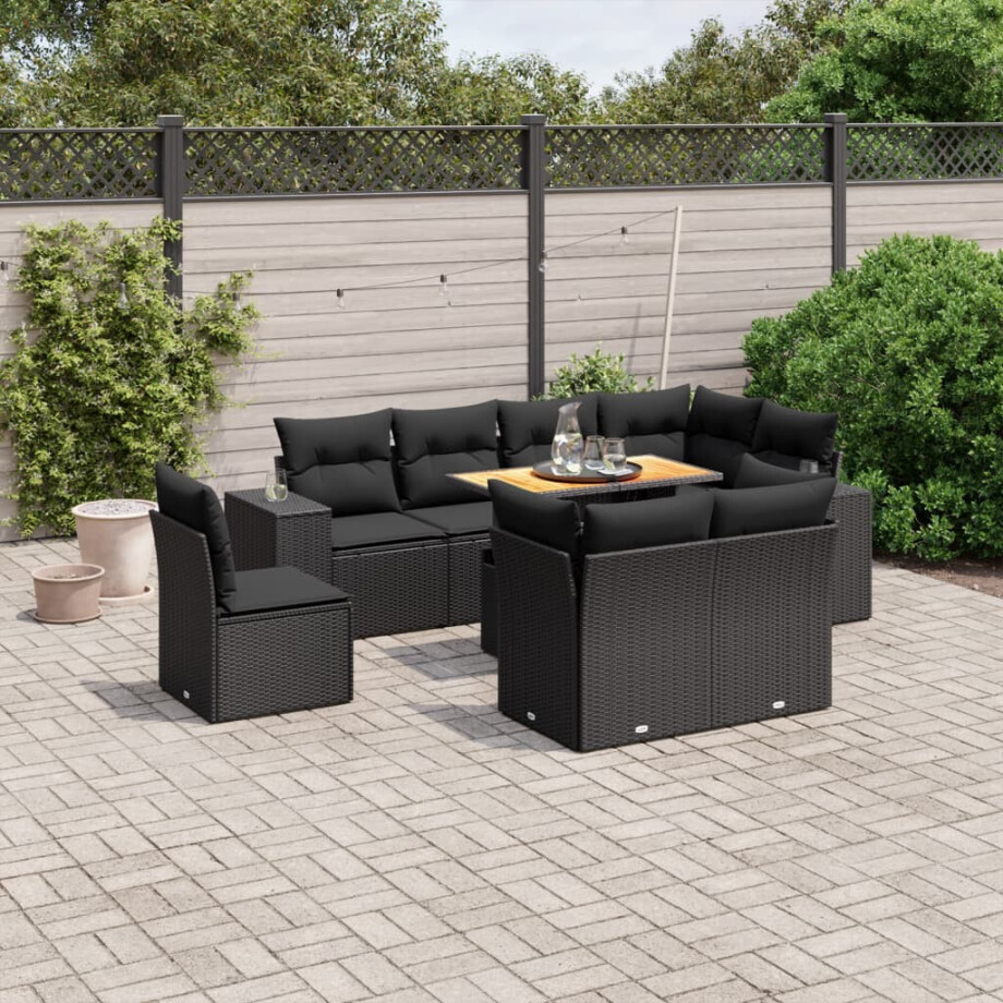 vidaXL 9-delige Loungeset met kussens poly rattan zwart afbeelding 1