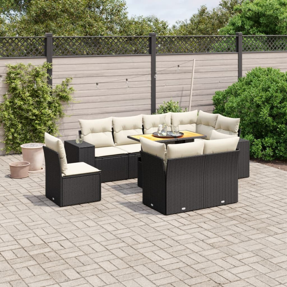 vidaXL 9-delige Loungeset met kussens poly rattan zwart afbeelding 1
