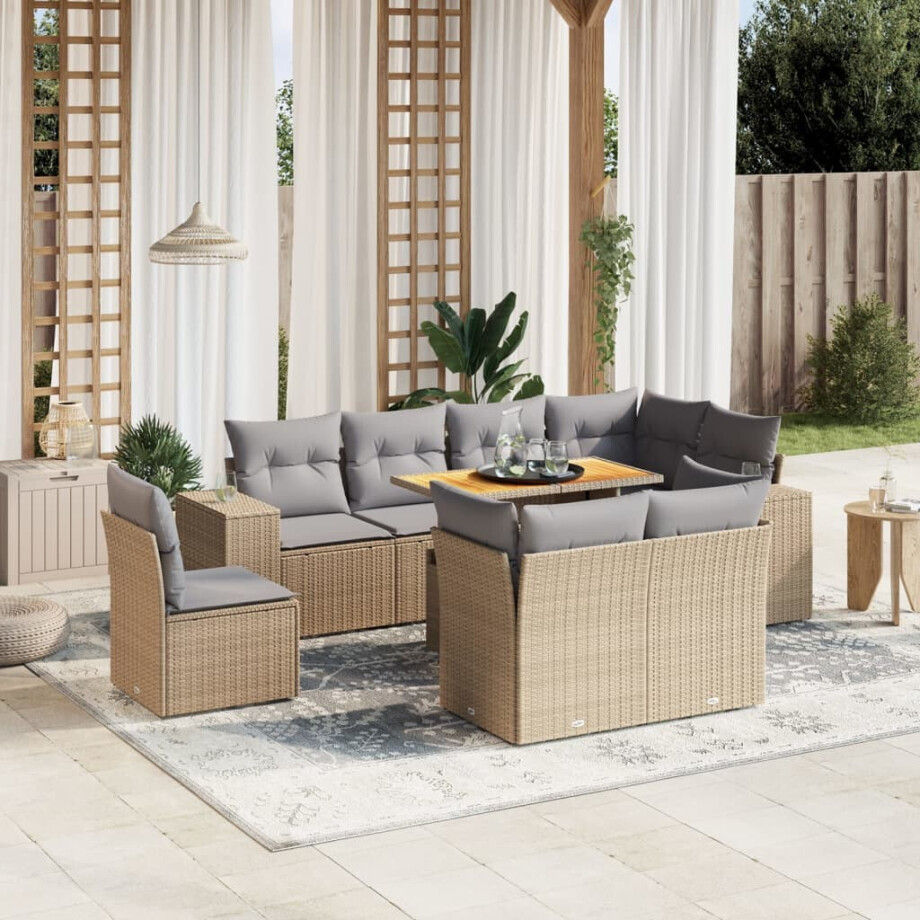 vidaXL 9-delige Loungeset met kussens poly rattan beige afbeelding 1