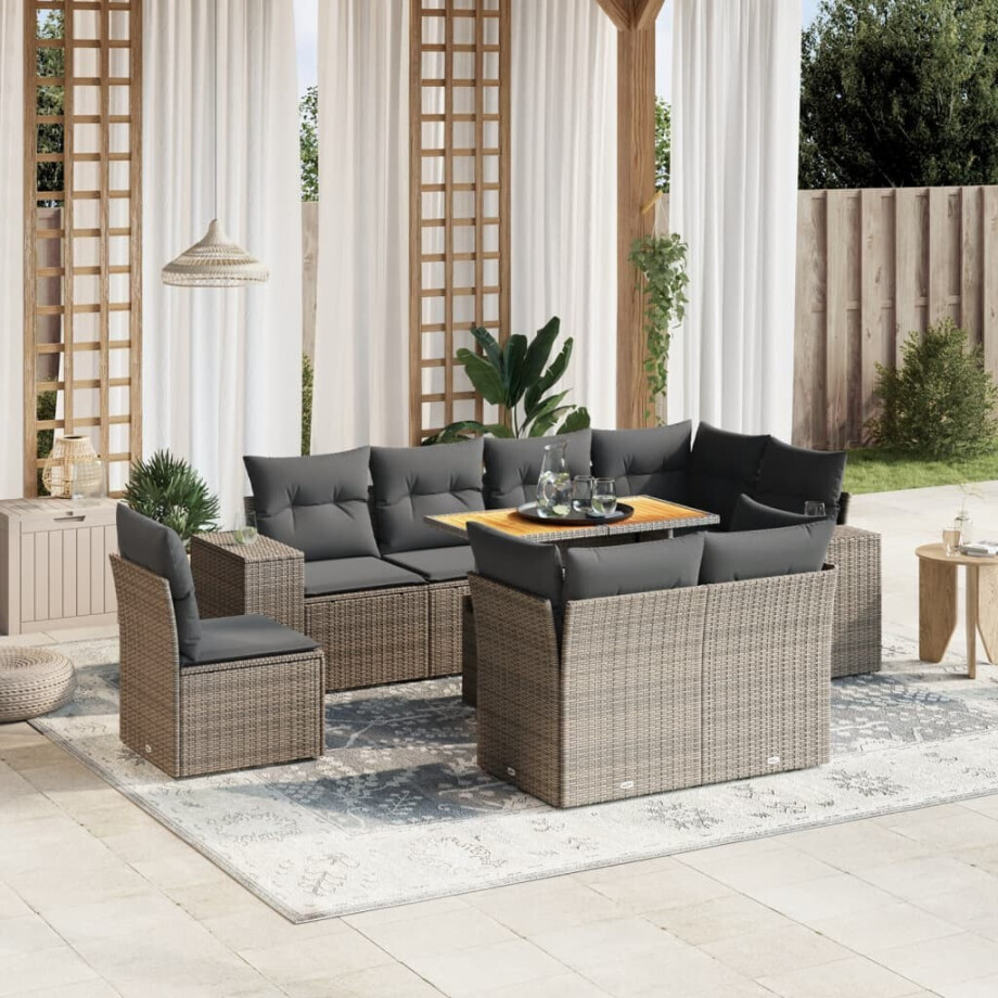 vidaXL 9-delige Loungeset met kussens poly rattan grijs afbeelding 1
