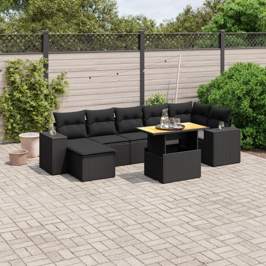 vidaXL 8-delige Loungeset met kussens poly rattan zwart afbeelding 1