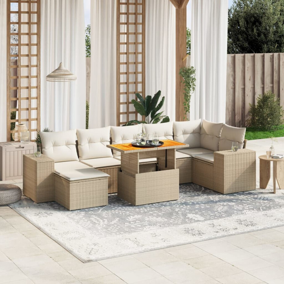 vidaXL 8-delige Loungeset met kussens poly rattan beige afbeelding 1