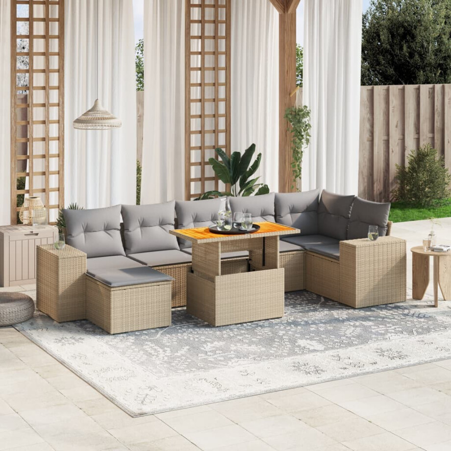 vidaXL 8-delige Loungeset met kussens poly rattan beige afbeelding 1