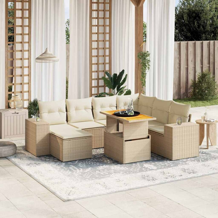vidaXL 8-delige Loungeset met kussens poly rattan beige afbeelding 1