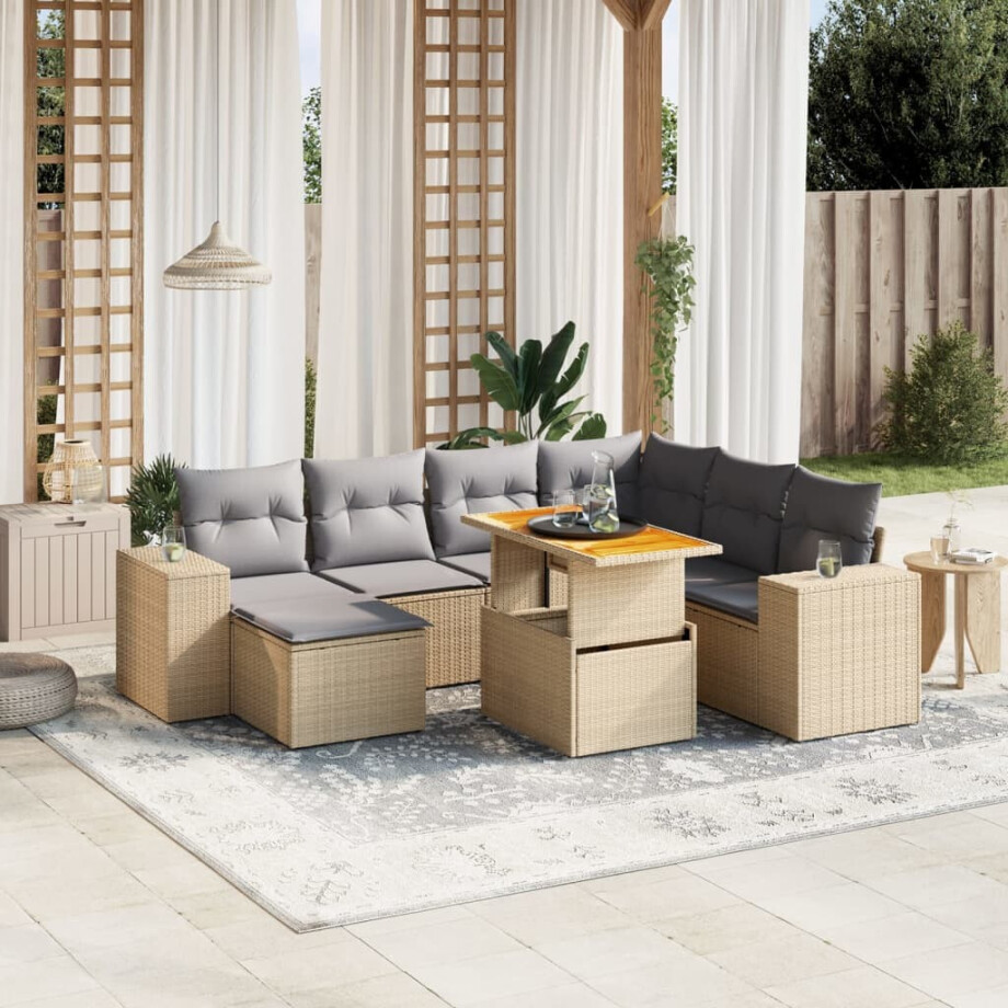 vidaXL 8-delige Loungeset met kussens poly rattan beige afbeelding 1
