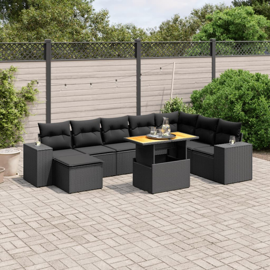 vidaXL 9-delige Loungeset met kussens poly rattan zwart afbeelding 1