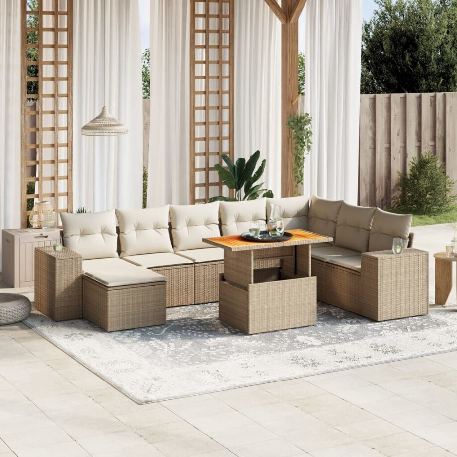 vidaXL 9-delige Loungeset met kussens poly rattan beige afbeelding 1