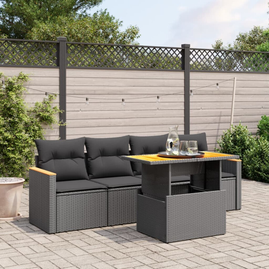 vidaXL 5-delige Loungeset met kussens poly rattan zwart afbeelding 1
