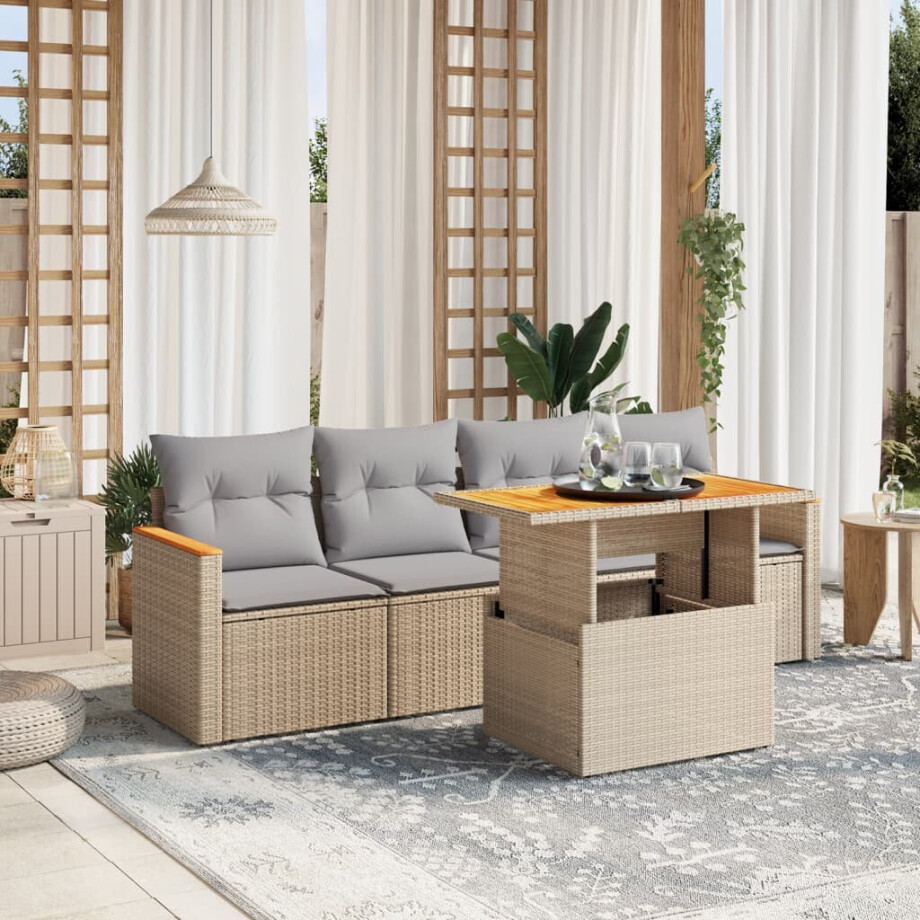 vidaXL 5-delige Loungeset met kussens poly rattan beige afbeelding 1
