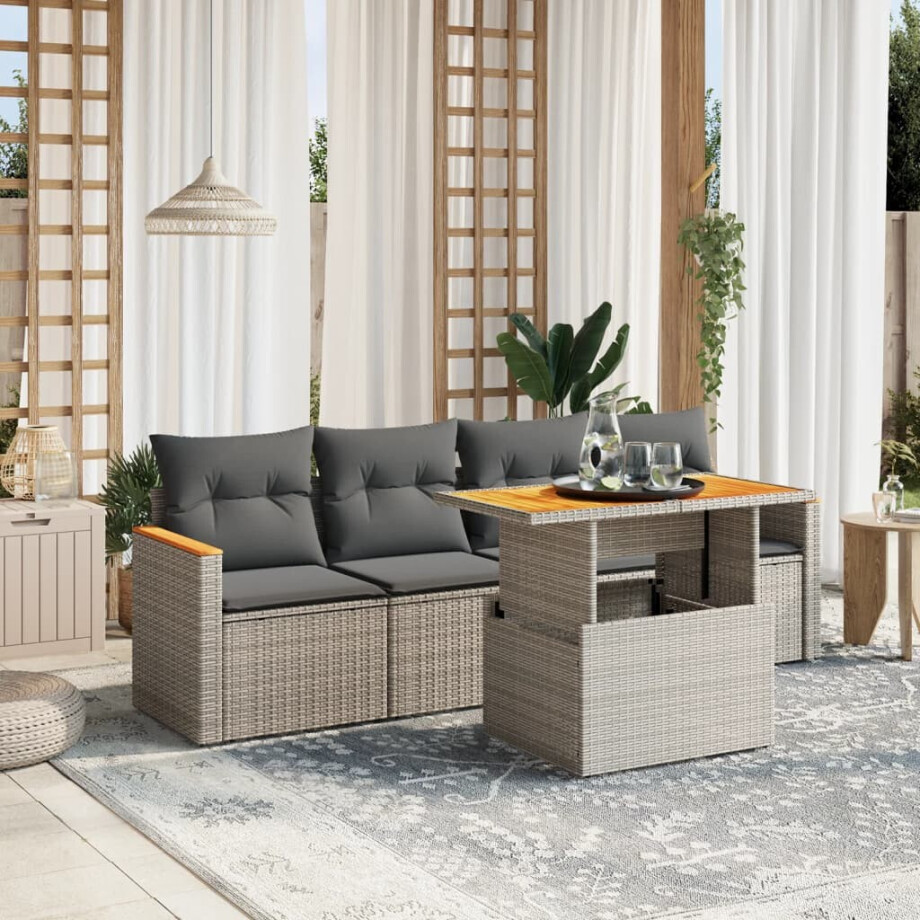 vidaXL 5-delige Loungeset met kussens poly rattan grijs afbeelding 1