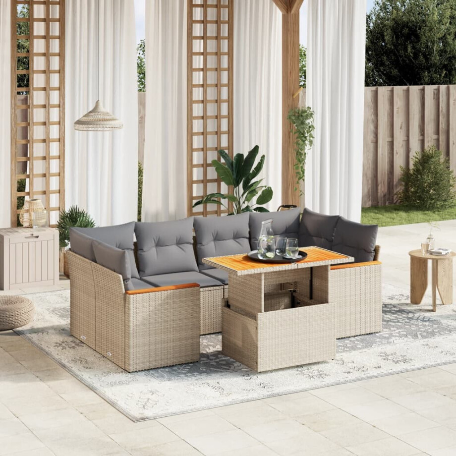 vidaXL 7-delige Loungeset met kussens poly rattan beige afbeelding 1