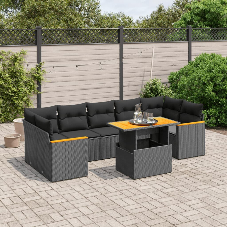 vidaXL 8-delige Loungeset met kussens poly rattan zwart afbeelding 1