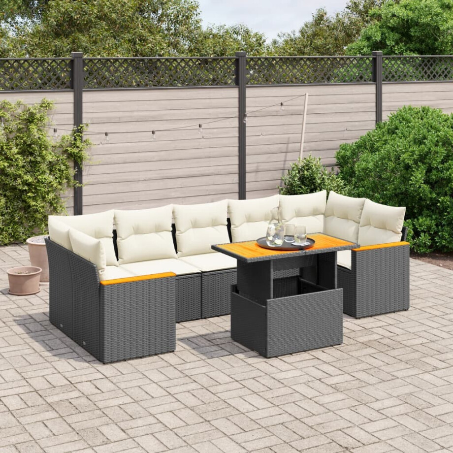 vidaXL 8-delige Loungeset met kussens poly rattan zwart afbeelding 1