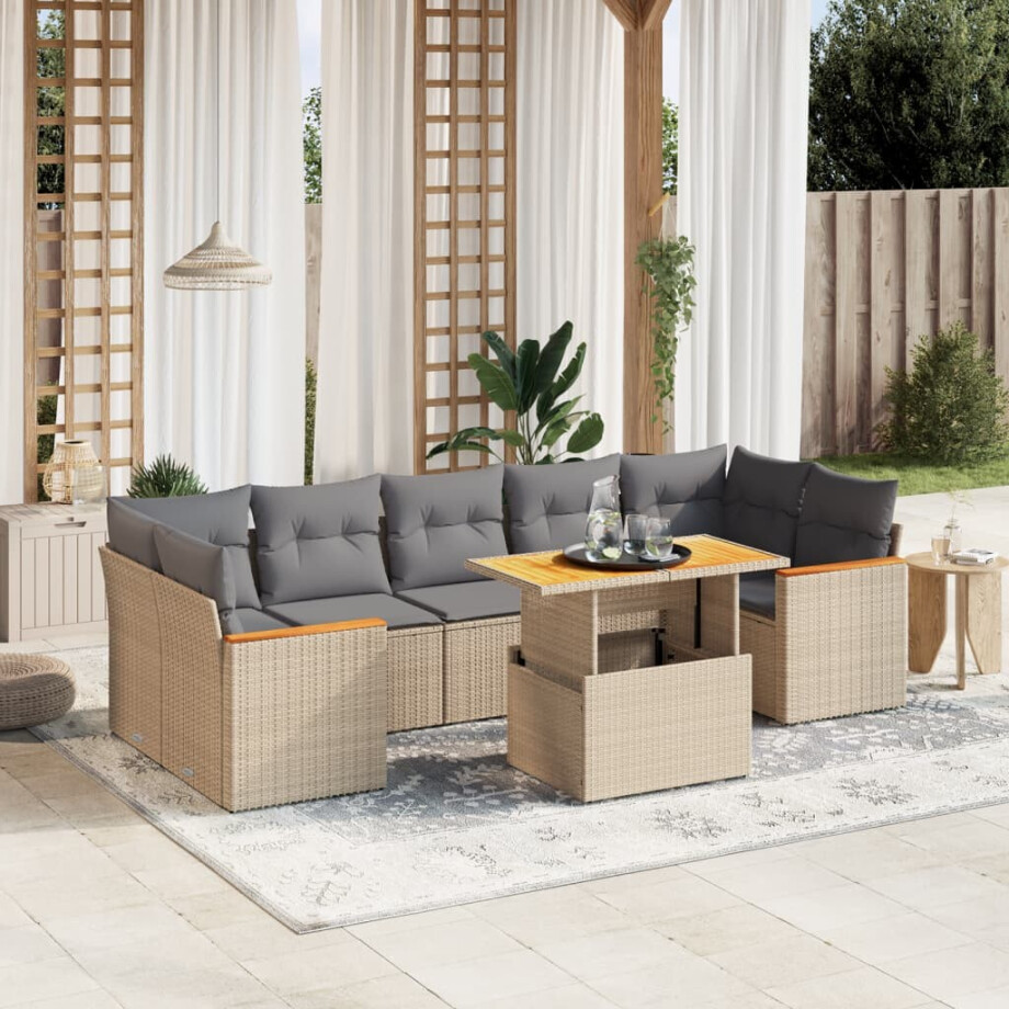 vidaXL 8-delige Loungeset met kussens poly rattan beige afbeelding 1
