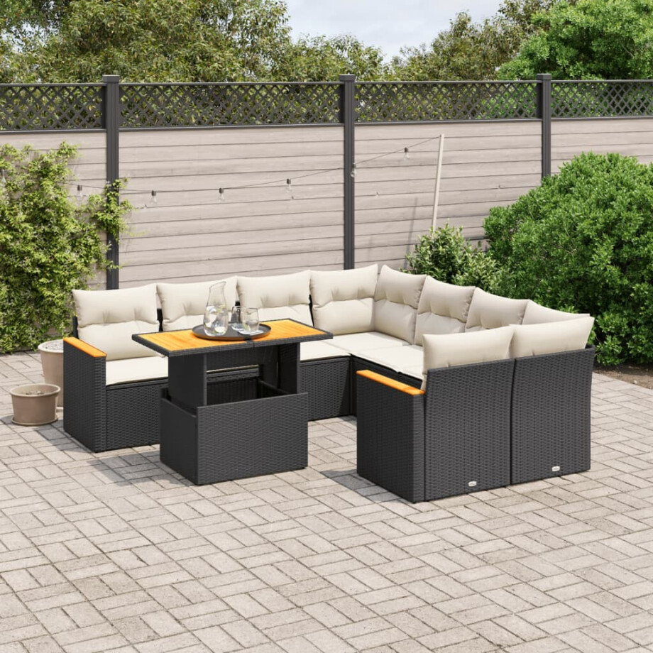 vidaXL 9-delige Loungeset met kussens poly rattan zwart afbeelding 1