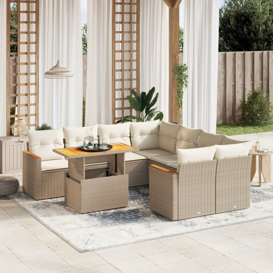 vidaXL 9-delige Loungeset met kussens poly rattan beige afbeelding 1